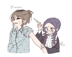  2girls blue_pajamas boro_(tn-boro) closed_eyes commentary_request drill_hair glasses grabbing_another's_arm grey_hair holding holding_syringe kotori_nanaya long_hair mahou_shoujo_ikusei_keikaku mahou_shoujo_ikusei_keikaku_breakdown mana_(mahoiku) multiple_girls pajamas purple_hair spoilers sweat syringe translation_request twin_drills white_background 