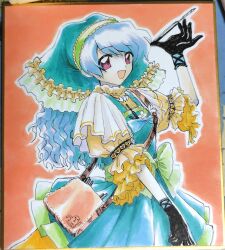  1girl :d absurdres apron black_gloves blue_hair commentary_request dress frilled_sleeves frills gloves green_apron green_headscarf haniyasushin_keiki headscarf highres holding_tool jewelry long_hair looking_at_viewer magatama magatama_necklace mixed_holding necklace object_in_pocket photo_(medium) pink_eyes pocket shikishi smile solo tools touhou traditional_media umiyuri01 wood_carving_tool yellow_dress 