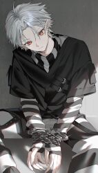  1boy black_shirt chained_wrists commentary cuffs ear_piercing earrings fingernails grey_hair handcuffs head_tilt highres jewelry kuzuha_(nijisanji) long_fingernails long_sleeves looking_at_viewer male_focus mole mole_under_eye mui_maru neck_tattoo nijisanji official_alternate_costume piercing pointy_ears prison_clothes red_eyes restrained sharp_fingernails shirt short_hair sitting solo striped_clothes striped_shirt stud_earrings tattoo untranslatable_commentary virtual_youtuber white_shirt 