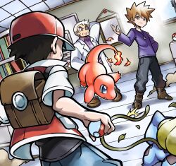  3boys black_hair black_pants blue_oak blue_pants boots brown_boots brown_hair bulbasaur charmander commentary_request fire flame-tipped_tail highres holding holding_poke_ball hyou_(hyouga617) indoors jacket jewelry leaf male_focus multiple_boys necklace pants plant poke_ball poke_ball_(basic) pokemon pokemon_(creature) pokemon_battle pokemon_day pokemon_red/green/blue/yellow professor_oak red_(pokemon) red_jacket short_hair short_sleeves tail vines white_hair wooden_floor 