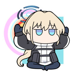  1girl arms_up black_jacket black_mittens black_pantyhose blonde_hair blue_archive blue_background blue_eyes border chibi full_body hair_between_eyes halo jacket jitome long_hair long_sleeves mittens nyaru_(nyaru_4126) pantyhose puffy_long_sleeves puffy_sleeves sitting solo toki_(armed)_(blue_archive) toki_(blue_archive) very_long_hair white_border 