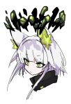  1girl animal_ears arknights cat_ears collar dr_yamero green_eyes green_hair headshot highres kal&#039;tsit_(arknights) kal&#039;tsit_(remnant)_(arknights) object_floating_above_hand rock short_hair simple_background solo white_background white_hair 