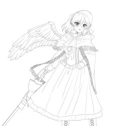  1girl absurdres blush bonnet boots character_request commentary_request copyright_request feathered_wings frilled_skirt frills greyscale highres holding holding_sword holding_weapon lace-up_boots long_sleeves medium_hair mochigumo monochrome open_mouth scarf shirt single_wing skirt smile solo sword weapon wings 