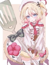  1girl 316_lp absurdres black_bow blonde_hair blue_eyes blush bow commentary_request cross_hair_ornament drill_hair epaulettes hair_ornament hat hat_feather highres holding holding_spatula magical_girl mahou_shoujo_ikusei_keikaku mahou_shoujo_ikusei_keikaku_restart multicolored_hair necktie oversized_object pechika_(mahoiku) red_hair red_necktie short_hair spatula thigh-highs 