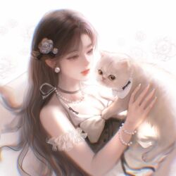 1girl animal ay_yiyi bare_shoulders bracelet brown_eyes brown_hair cat dress flower frills hair_ornament holding holding_animal holding_cat jewelry lace long_hair looking_at_viewer necklace original pearl_necklace solo white_cat white_dress 