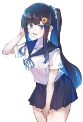  1girl absurdres black_hair black_sailor_collar black_skirt blue_eyes blue_hair blue_ribbon cevio colored_inner_hair commentary_request cowboy_shot flower_hairclip futaba_minato high_ponytail highres kyuu_(que_9) long_hair looking_at_viewer multicolored_hair neck_ribbon open_mouth pleated_skirt ponytail ribbon sailor_collar school_uniform serafuku shirt short_sleeves sidelocks simple_background skirt solo sweat white_background white_shirt 
