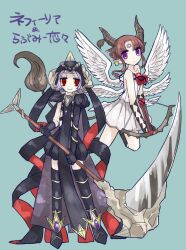  2girls black_gloves black_thighhighs blue_background brown_hair butter_run cape closed_mouth commentary_request crossbow feathered_wings flying gem gloves heart hexagram highres holding holding_crossbow holding_scythe holding_weapon horns love_me_ren-ren magical_girl mahou_shoujo_ikusei_keikaku mahou_shoujo_ikusei_keikaku_breakdown medium_hair multiple_girls multiple_wings nephilia_(mahoiku) purple_gem purple_hair red_eyes scythe short_hair smile tail thigh-highs translation_request violet_eyes weapon white_wings wings 