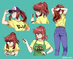  1girl adjusting_clothes adjusting_hair adjusting_headwear apron baseball_cap blue_pants breasts chocolate commentary controller denim donna_bright eating film_grain food game_controller glasses green_apron hand_on_own_hip hat holding holding_chocolate holding_controller holding_food holding_game_controller holding_screwdriver jeans jose_salot large_breasts medium_breasts opaque_glasses original pants ponytail_day red_hair screwdriver shirt smile sweatdrop t-shirt twitter_username watch watch yellow_eyes yellow_shirt 