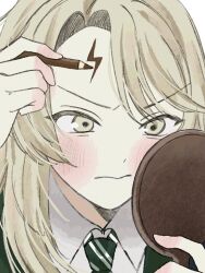  1girl blonde_hair blush colored_pencil dress facepaint green_necktie hand_mirror highres hogwarts_school_uniform long_hair malfoid mirror necktie pencil pencil_dress school_uniform slytherin stray_mayoigo v-shaped_eyebrows wizarding_world 