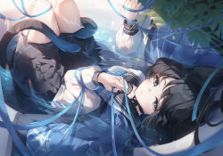  1girl absurdres animal_ears black_hair black_ribbon black_sailor_collar black_skirt blue_archive blue_halo blue_haori blue_neckerchief blue_tail cat_ears cat_tail commentary_request from_above full_body gradient_halo gradient_tail halo haori highres japanese_clothes kikyou_(blue_archive) looking_at_viewer lying multicolored_halo multiple_tails neck_ribbon neckerchief norimori on_back parted_lips plant ribbon sailor_collar shirt short_hair skirt solo tail two_tails white_shirt 