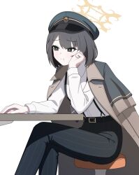  1girl :t absurdres belt black_belt black_eyes black_hair black_shirt blue_archive bright_pupils chair closed_mouth coat coat_on_shoulders collared_shirt commentary_request crossed_legs feet_out_of_frame from_side halo hat head_rest highres hiromi_(blue_archive) long_legs long_sleeves on_chair open_clothes open_coat overcoat pants peaked_cap shirt short_hair simple_background solo striped_clothes striped_pants suspenders table vertical-striped_clothes vertical-striped_pants white_background white_pupils white_shirt yellow_halo yude13b 
