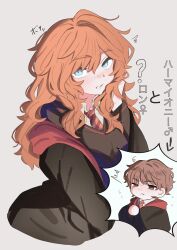  1boy 1girl absurdres black_coat black_sweater blue_eyes blush brown_eyes brown_hair coat commentary_request cropped_torso genderswap genderswap_(ftm) genderswap_(mtf) gryffindor half-closed_eyes hand_on_own_cheek hand_on_own_face hand_up harry_potter_(series) hermione_granger highres light_frown long_hair long_sleeves looking_at_viewer loose_necktie necktie orange_hair red_necktie ron_weasley shirt short_hair simple_background sweater translation_request wavy_hair white_background white_shirt wizarding_world yaajjjjjp 