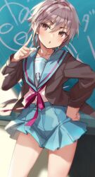  1girl black_cardigan blue_sailor_collar blue_skirt brown_cardigan brown_eyes cardigan chalkboard commentary_request cowboy_shot grey_hair hair_between_eyes hand_on_own_hip hand_up highres index_finger_raised kita_high_school_uniform legs light_blush long_sleeves looking_at_viewer michairu nagato_yuki open_cardigan open_clothes open_mouth parted_lips pleated_skirt red_ribbon ribbon sailor_collar school_uniform shade shirt short_hair simple_background skirt solo standing suzumiya_haruhi_no_yuuutsu white_shirt winter_uniform 