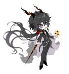  1boy animal_ears arknights black_footwear black_hair black_jacket black_pants bow collared_shirt cube dress_shirt ebenholz_(arknights) floating_hair gloves grey_shirt hair_between_eyes hair_bow holding holding_wand horns jacket long_hair long_sleeves looking_at_viewer male_focus pants parted_lips red_bow rio_(rio773) shirt shoes simple_background solo twitter_username v-shaped_eyebrows very_long_hair violet_eyes wand white_background white_gloves 