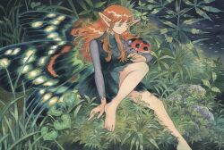  1girl animal animal_on_hand bare_legs barefoot black_dress breasts bug butterfly_wings closed_mouth commentary crossed_legs dress dress_over_shirt english_commentary fairy fairy_wings feet full_body gradient_sky grass green_eyes green_sky green_wings grey_shirt heikala highres holding insect_wings ladybug leaf legs long_hair long_sleeves looking_at_animal mini_person minigirl nature night orange_hair original outdoors painting_(medium) plant pointy_ears rock shirt sitting sky sleeveless sleeveless_dress small_breasts solo traditional_media turtleneck turtleneck_dress watercolor_(medium) wings 