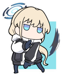  1girl black_jacket black_mittens black_pantyhose blonde_hair blue_archive blue_background blue_eyes border chibi full_body halo jacket jitome long_hair long_sleeves mittens nyaru_(nyaru_4126) pantyhose puffy_long_sleeves puffy_sleeves solo standing toki_(armed)_(blue_archive) toki_(blue_archive) very_long_hair white_border 