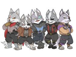  1boy animal_ears closed_mouth commentary_request eyepatch fangs furry furry_male gloves grey_fur jacket looking_at_viewer male_focus mito_31_31 open_mouth smile star_fox star_fox_(2026) star_fox_2 star_fox_64 star_fox_assault star_fox_zero tail wolf_boy wolf_ears wolf_o'donnell wolf_tail 