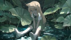  1girl :d absurdres animal_ear_fluff animal_ears aqua_eyes arm_support ascot black_ascot blonde_hair character_request collar commentary_request copyright_request dress fox_ears frilled_collar frills full_body green_dress hair_between_eyes highres lotus_leaf nature open_mouth otomo_no_sachi outdoors shoes short_sleeves sitting smile soaking_feet solo sunlight water water_drop wet white_shoes 