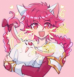  1girl animal_ears armor braid cat_ears creature gold_trim hikusa holding holding_creature long_sleeves looking_at_viewer magic_knight_rayearth mokona open_mouth red_eyes red_hair shidou_hikaru shoulder_armor simple_background white_armor 