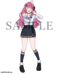  1girl :d ahoge black_shoes black_skirt black_socks bow bowtie bracelet braid choker closed_eyes collared_shirt commentary company_name copyright_notice earrings green_nails gyaru gyaru_v hair_bow hair_ornament hair_scrunchie hairclip highres jewelry kneehighs kuramochi_meruto kuramochi_meruto_(school_uniform) long_hair looking_at_viewer midriff multicolored_hair multiple_rings nail_polish necklace nijisanji official_art pink_hair plaid_bow plaid_bowtie plaid_clothes pleated_skirt purple_hair ring school_uniform scrunchie shirokuma_(reirako-reirako) shirt shoes simple_background skirt smile socks solo tied_shirt v virtual_youtuber white_background white_shirt 