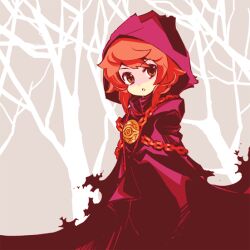  1girl bare_tree chain cloak commentary_request cowboy_shot hood hood_up hooded_cloak kiguchi_(aprico) medallion parted_lips purple_cloak red_hair sekaiju_no_meikyuu sekaiju_no_meikyuu_1 short_hair solo standing torn_cloak torn_clothes tree tusukur_(sekaiju) yellow_eyes 