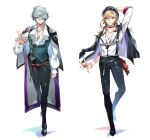  2boys alhaitham_(genshin_impact) ankle_boots aqua_vest ariadne_(ensemble_stars!) beckoning belt black_belt black_capelet black_choker black_footwear black_headwear black_jacket black_nails black_pants blonde_hair boots bracelet cape capelet center_frills chest_strap choker closed_mouth cosplay earrings ensemble_stars! expressionless fedora frills full_body genshin_impact green_eyes grey_hair hair_between_eyes hair_over_one_eye hand_on_headwear hasumi_keito hasumi_keito_(cosplay) hat highres himeru_(ensemble_stars!) himeru_(ensemble_stars!)_(cosplay) jacket jacket_on_shoulders jewelry kaveh_(genshin_impact) lapels long_sleeves looking_at_viewer male_focus medium_hair multiple_boys nail_polish necklace notched_lapels o-ring pants parted_lips plunging_neckline purple_cape raiseafuture red_eyes ring ring_necklace rope_belt shirt shoes short_hair simple_background sleeves_past_elbows smile standing suspenders undershirt vest white_background white_shirt 