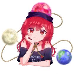  1girl absurdres bare_shoulders black_shirt blush chain closed_mouth clothes_writing commentary_request cropped_torso dot_nose earth_(ornament) gold_chain hand_on_own_cheek hand_on_own_face head_rest head_tilt hecatia_lapislazuli highres long_hair looking_at_viewer moon_(ornament) off-shoulder_shirt off_shoulder rakugaki_kontena red_eyes red_hair shirt short_sleeves simple_background smile solo t-shirt touhou underworld_(ornament) upper_body white_background 