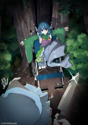  2girls absurdres artist_name asaka_haru123 blue_eyes blue_hair blue_hat clenched_teeth commentary drill_hair drill_sidelocks fins forest frilled_kimono frilled_sleeves frills glint green_kimono hat head_fins highres japanese_clothes kimono long_sleeves medium_hair merfolk mermaid mob_cap monster_girl multiple_girls musical_note nature obi obijime outdoors pink_hair purple_sash saigyouji_yuyuko sash sidelocks sitting teeth textless_version touhou triangular_headpiece twitter_username untranslatable_commentary wakasagihime wheelchair wide_sleeves 
