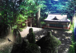  absurdres architecture bird black_bird commentary_request crow dappled_sunlight day east_asian_architecture highres jizou no_humans original outdoors pajaman scenery shade shadow sunlight temple tofrest torii tree yatagarasu 