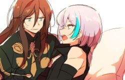  2boys alternate_eye_color alternate_hair_color anpolly aqua_eyes aqua_streaks brown_hair coat commentary_request green_coat hair_between_eyes long_hair long_sidelocks looking_at_another male_focus multicolored_hair multiple_boys open_mouth profile purple_hair reaper_(sekaiju) reaper_1_(sekaiju) sekaiju_no_meikyuu sekaiju_no_meikyuu_5 sidelocks sleeveless streaked_hair sweatdrop teeth two-tone_hair upper_body upper_teeth_only warlock_(sekaiju) warlock_3_(sekaiju) white_background 