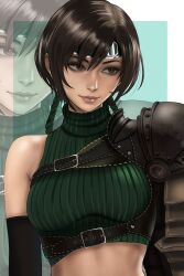  1girl absurdres bare_shoulders belt black_belt black_gloves brown_eyes brown_hair closed_mouth commentary cropped_sweater eyelashes final_fantasy final_fantasy_vii final_fantasy_vii_rebirth final_fantasy_vii_remake gloves green_headband green_sweater headband highres kittymiya looking_to_the_side ribbed_sweater short_hair single_shoulder_pad sleeveless sleeveless_sweater sleeveless_turtleneck solo sweater turtleneck turtleneck_sweater two-tone_background upper_body yuffie_kisaragi 