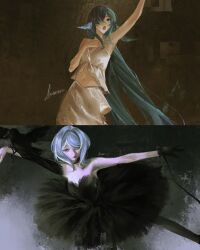  2girls alternate_costume arm_up armpits arms_up artist_name ballerina bare_shoulders bird black_background black_bridal_gauntlets black_choker black_dress black_gloves black_pantyhose blue_eyes blue_hair breasts bridal_gauntlets brown_background choker cowboy_shot crow dancing dress english_commentary feet_out_of_frame fins genshin_impact gloves green_hair hair_over_one_eye head_fins highres lips long_hair looking_at_viewer looking_up medium_breasts mer_(merrverse) midriff multicolored_hair multiple_girls navel odette_(genshin_impact) open_mouth pale_skin pantyhose short_hair simple_background singing single_bridal_gauntlet single_glove skirt small_breasts standing strapless strapless_dress streaked_hair tank_top very_long_hair violet_eyes vodyanitsa_(genshin_impact) white_hair white_skirt white_tank_top 