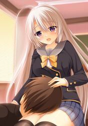  1boy 1girl absurdres ahoge ayachi_nene black_jacket black_thighhighs blurry blurry_background blush bow breasts brown_hair classroom commentary_request couple cowboy_shot eyelashes eyes_visible_through_hair grey_hair grey_sailor_collar grey_skirt hair_between_eyes headpat hetero highres himematsu_academy_school_uniform hoshina_shuuji indoors jacket kouyou_minami lap_pillow large_breasts long_hair long_sleeves looking_at_another looking_down miniskirt open_mouth plaid_clothes plaid_skirt pleated_skirt sailor_collar sanoba_witch school_uniform short_hair sidelighting sitting skirt spoilers straight_hair sunset tearing_up tears thigh-highs thighs very_long_hair violet_eyes window yellow_bow zettai_ryouiki 
