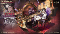  1boy alchemy_stars alcohol bar_(place) black_boots black_gloves black_hair black_shirt boots card carpet casino chair character_name choker closed_mouth coat copyright_logo copyright_notice cup dagger different_reflection drinking_glass earrings eyepatch figure_four_sitting gloves grey_pants head_rest highres holding holding_card jeno_(alchemy_stars) jeno_(crafty_assistant)_(alchemy_stars) jewelry knife logo long_sleeves looking_at_viewer loose_necktie mirror necktie official_alternate_costume official_art on_chair pants purple_necktie red_eyes reflection ring roulette_table shirt short_hair single_glove sitting striped_clothes striped_pants table torn_clothes two-tone_pants weapon white_coat white_pants zoom_layer 