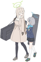  2girls absurdres ame_miya_ta animal_ear_fluff animal_ears bag black_pantyhose black_shoes black_skirt blazer blonde_hair blue_archive blue_eyes blue_halo blue_jacket blue_scarf brown_coat brown_gloves closed_eyes coat commentary_request cross cross_hair_ornament duffel_bag facing_another gloves green_halo grey_hair grey_shoes hair_ornament halo highres holding_strap id_card inverted_cross jacket kneehighs long_hair long_sleeves looking_at_another multiple_girls nonomi_(blue_archive) nonomi_(middle_school)_(blue_archive) pantyhose pleated_skirt scarf school_uniform shiroko_(blue_archive) shiroko_(young)_(blue_archive) shoes short_hair simple_background skirt socks very_long_hair walking white_background white_socks wolf_ears wolf_girl 
