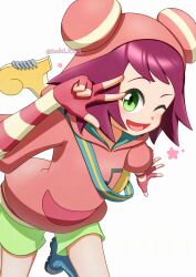 1girl :d ;d absurdres beamed_eighth_notes blue_boots blush boots commentary cowboy_shot fingerless_gloves fingernails gloves green_eyes green_shorts guitar guitar_strap hand_up highres hood hood_up hoodie instrument instrument_on_back leg_up looking_at_viewer maki319144 mega_man_(series) mega_man_star_force_(series) multicolored_gloves musical_note musical_note_print one_eye_closed open_mouth pink_gloves pink_hair pink_hoodie print_hoodie short_hair short_shorts shorts simple_background smile solo sonia_strumm_(mega_man) star_(symbol) striped_clothes striped_gloves swept_bangs three-quarter_sleeves two-tone_gloves v v_over_eye white_background yellow_gloves 