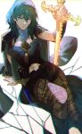  1girl blue_eyes byleth_(female)_(fire_emblem) byleth_(fire_emblem) clothing_cutout dagger fire_emblem fire_emblem:_three_houses highres holding holding_sword holding_weapon knife looking_at_viewer navel navel_cutout sb_(sbixinsky) sword weapon white_background 