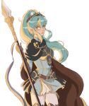  1girl belt blonde_hair boots cape cowboy_shot eirika_(fire_emblem) eirika_(pledged_restorer)_(fire_emblem) eiriseth english_commentary fire_emblem fire_emblem:_the_sacred_stones fire_emblem_heroes green_hair hair_ornament holding holding_weapon looking_to_the_side multicolored_hair official_alternate_costume official_alternate_hairstyle ponytail sidelocks simple_background solo thigh_boots two-tone_hair weapon white_background 