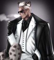  1boy animal_ears black_coat black_gloves black_shirt cigarette coat coat_on_shoulders collared_shirt colored_veins corruption cowboy_shot dog_opium gloves hand_in_pocket highres holding holding_cigarette kemonomimi_mode lapel_chain male_focus open_clothes open_coat resident_evil resident_evil_requiem shirt smoke smoke_trail smoking snow_leopard_boy snow_leopard_ears snow_leopard_tail solo sunglasses tail vest white_coat white_vest zeno_(resident_evil) 