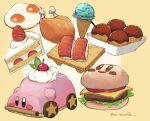  artist_name burger cake cake_slice car-mouth_cake car_mouth character_food cheese cherry commentary_request egg_(food) fish_(food) food food_focus fried_egg fruit highres ice_cream ice_cream_cone icing kirby kirby_(series) kirby_and_the_forgotten_land kirby_burger kirby_cafe leo_taranza lettuce mouthful_mode nigirizushi no_humans simple_background star_(symbol) strawberry strawberry_shortcake sushi sushi_geta takoyaki tomato tomato_slice turkey_(food) twitter_username two-tone_background whipped_cream white_background yellow_background 