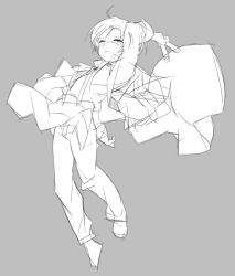  1boy anpolly arm_up coat commentary_request floating_clothes full_body grey_background greyscale holding holding_test_tube looking_at_viewer male_focus medic_(sekaiju_4) medic_3_(sekaiju_4) monochrome open_clothes open_coat open_mouth pants parted_bangs sekaiju_no_meikyuu sekaiju_no_meikyuu_4 shoes short_hair simple_background sketch solo test_tube 