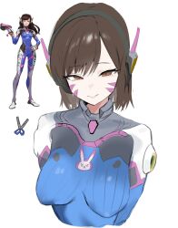  1girl absurdres acronym animal_print blue_bodysuit bodysuit bracer breasts brown_eyes brown_hair classic_d.va closed_mouth coke011 commentary comparison d.va_(overwatch) english_commentary facepaint facial_mark full_body gloves gun headphones high_collar highres large_breasts long_hair looking_at_viewer mecha_pilot_suit medium_breasts multiple_views overwatch rabbit_print ribbed_bodysuit scissors shoulder_pads simple_background skin_tight smile solo swept_bangs upper_body weapon whisker_markings white_background white_gloves 