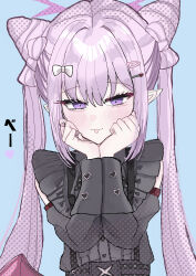  1girl :3 :p absurdres bare_shoulders black_shirt blue_archive blue_background blush bow bow-shaped_hair center_frills clenched_hands closed_mouth commentary cone_hair_bun demon_girl demon_wings detached_sleeves double_bun eyelashes frilled_shirt frills hair_between_eyes hair_bow hair_bun hair_ornament hairclip halo hands_on_own_cheeks hands_on_own_face hands_up heart heart_hair_ornament highres jirai_kei karen_(blue_archive) long_hair long_sleeves looking_at_viewer low_wings matudo_yuu parallel_hairclips pointy_ears purple_hair purple_halo shirt sidelocks simple_background sleeveless sleeveless_shirt smile solo tongue tongue_out tsurime twintails upper_body very_long_hair violet_eyes white_bow wings 