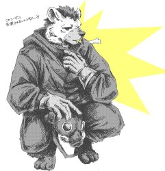  1boy absurdres arknights daisan furry furry_male gas_mask highres holding holding_mask hyena_boy hyena_ears looking_to_the_side male_focus mask open_mouth puff_of_air spot_(arknights) spot_(sulfur)_(arknights) squatting sweatdrop translation_request 