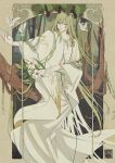  1boy affectionate androgynous enkidu_(fate) fate/strange_fake fate_(series) feet_out_of_frame flower green_eyes green_hair half-closed_eyes highres long_hair long_sleeves male_focus nature ornate_border petori1902 plant robe sitting_on_branch smile solo standing very_long_hair white_robe wide_sleeves 