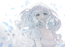  1girl breasts choker dress flower kimpyogo long_hair looking_at_viewer off-shoulder_dress off_shoulder original petals puffy_short_sleeves puffy_sleeves short_sleeves smile very_long_hair white_choker white_dress white_eyes white_hair 