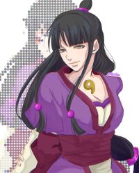 1girl 2ge1om ace_attorney aged_up artist_name black_hair blunt_bangs breasts commentary cropped_torso grey_eyes hair_ornament half_updo haori highres japanese_clothes jewelry kimono large_breasts long_hair looking_at_viewer magatama maya_fey phoenix_wright:_ace_attorney pink_sash purple_haori red_sash sash short_kimono sidelocks simple_background smile solo sphere_hair_ornament topknot twitter_username untranslatable_commentary upper_body 