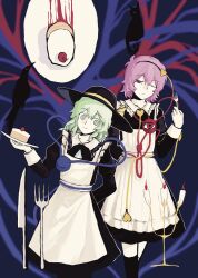  4girls apron bird black_bird black_cat black_dress black_hairband black_hat black_socks blood_vessels bow buttons cake candle candlestand cat cherry diamond_button disembodied_linked_eye dress eyeball food fork frilled_apron frilled_shirt_collar frills fruit green_eyes green_hair hair_ornament hairband hat hat_bow hat_ribbon heart heart_button heart_hair_ornament highres holding holding_fork holding_plate kaenbyou_rin kaenbyou_rin_(cat) knife komeiji_koishi komeiji_satori lei_niao3375 maid maid_apron multiple_girls multiple_tails nekomata one_eye_closed pink_eyes pink_hair plate puffy_sleeves red_eyes reiuji_utsuho reiuji_utsuho_(bird) ribbon siblings sisters socks tail touhou two_tails waist_apron white_apron yellow_bow yellow_ribbon 