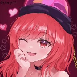  1girl :d ;d artist_name bare_shoulders black_choker blush chain choker commentary_request dot_nose gold_chain hair_ornament hand_on_own_cheek hand_on_own_face hand_up heart hecatia_lapislazuli highres looking_at_viewer medium_hair nail_polish one_eye_closed open_mouth planet_hair_ornament portrait rakugaki_kontena red_background red_eyes red_hair red_nails smile solo star_(symbol) touhou twitter_username underworld_(ornament) 