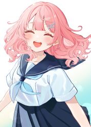  1girl :d ^_^ blue_neckerchief blue_sailor_collar blue_skirt blush closed_eyes commentary_request facing_viewer hair_ornament hairclip highres long_hair neckerchief original pink_hair pleated_skirt rino_cnc sailor_collar school_uniform serafuku shirt short_sleeves skirt smile teeth upper_teeth_only white_shirt 